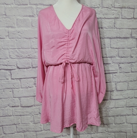Zara Bubble Gum Pink Stain Drap Mini Dress Rouching Small - Picture 2 of 9